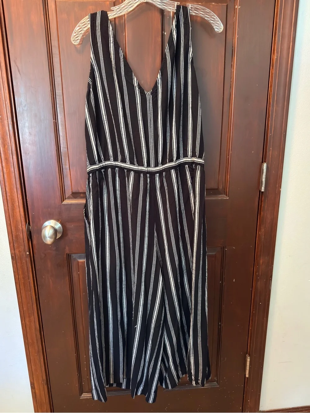 GAP Black and White Striped V-Neck Jumpsuit